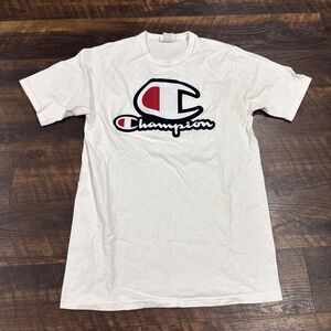 Champion T Shirt Mens Large Embroidered Logo White Crew Neck Short Sleeve Retro